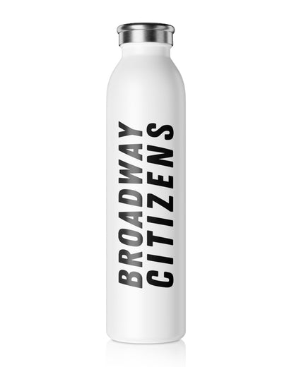 A white, double-walled stainless steel water bottle with 'BROADWAY CITIZENS' printed in black text.
