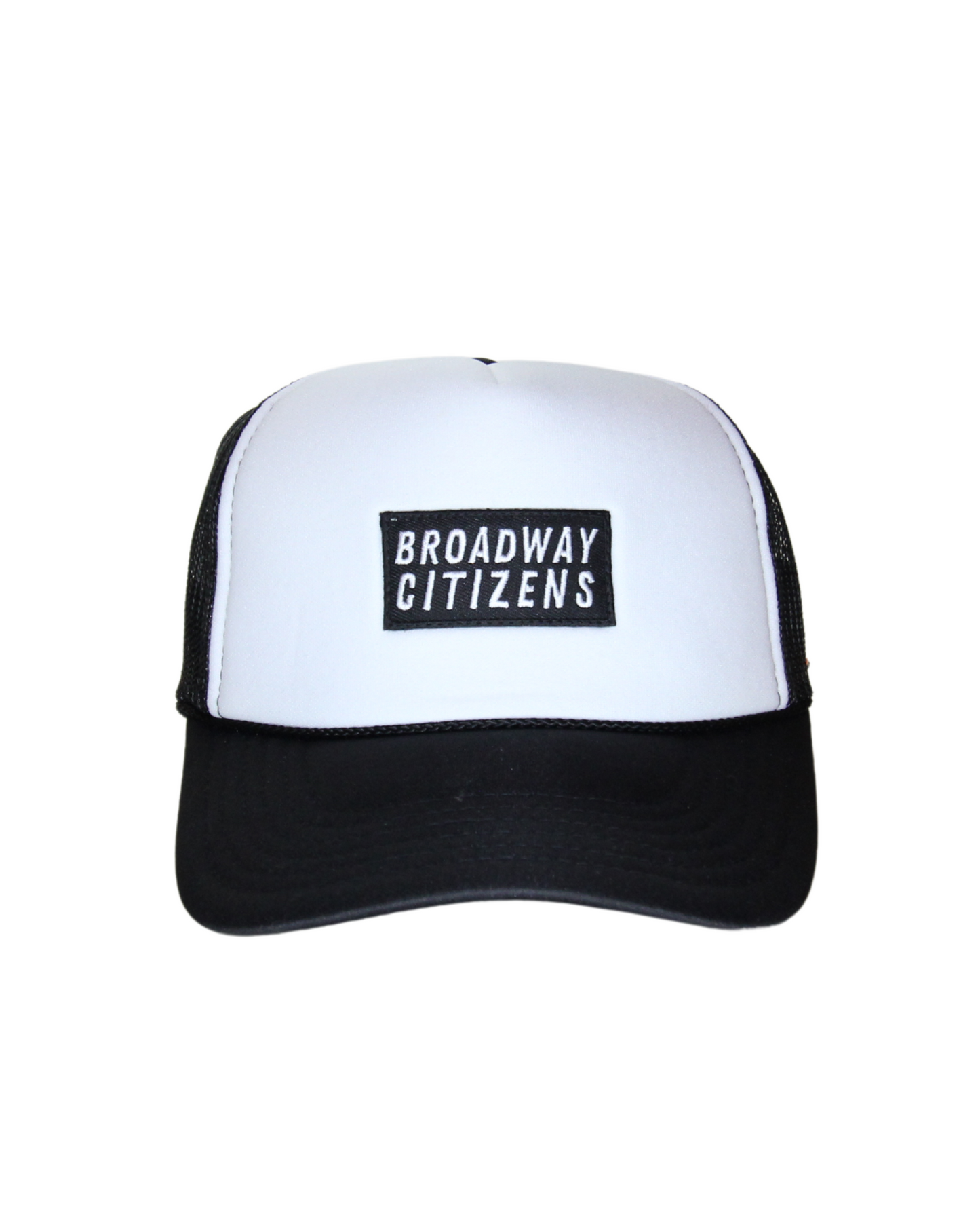 A black and white trucker hat with 'BROADWAY CITIZENS' text on the front.
