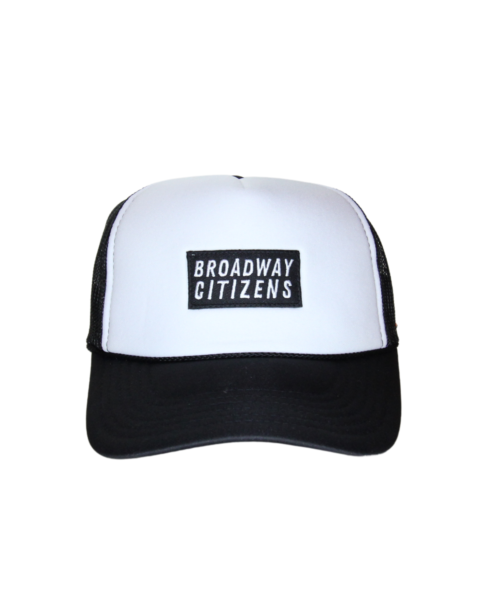 A black and white trucker hat with 'BROADWAY CITIZENS' text on the front.