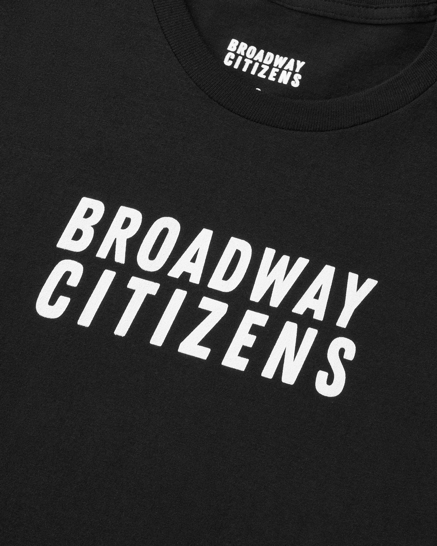 Black t-shirt with 'Broadway Citizens' text on a plain background